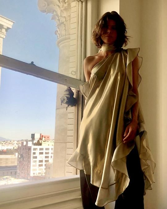 Ruffle Kaftan with Quilted Obi Belt Silk Lame' Champagne Taupe Gold {M