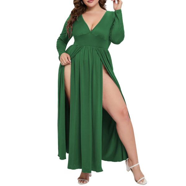 SILUI Women's Summer 2025 Sexy Double High Slit Deep V Neck Plus Size Sundresses Thigh Split Maxi Club Party Dresses