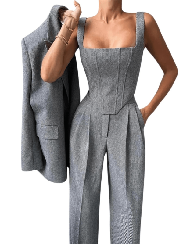 Fish Bone Top Blazer Pants Sets 3 Pieces For Women Solid One Button Jacket Crop Tops High Waist Pocket Pants Lady Office Set - Pink 3 Piece Set / M (US 6)