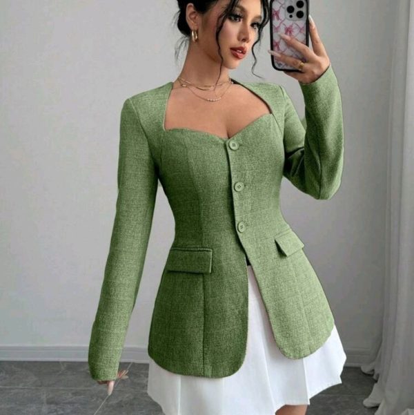 Women Single Breasted Elegant Tweed Mandarin Collar Blazer | Color: Green | Size: Various