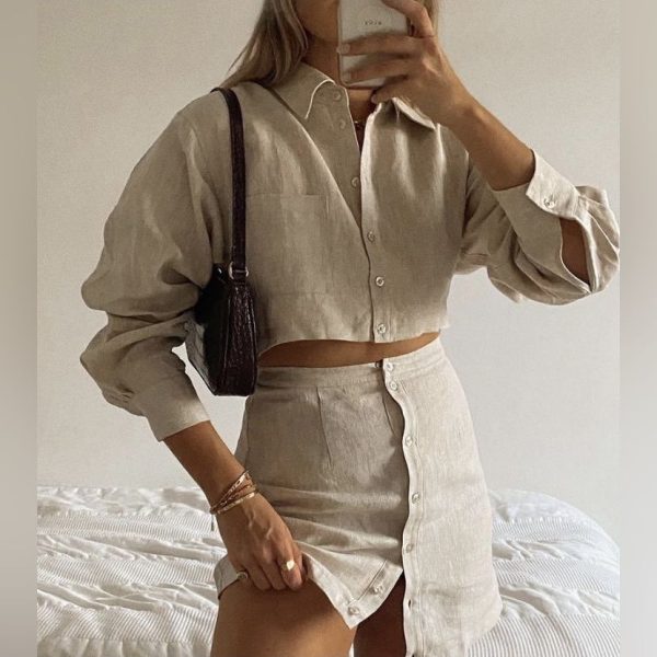L'academie Dresses | Nwt L’acadamie Eliane Beige 100% Linen Button Down Cutout Cropped Mini Dress | Color: Cream/Tan | Size: Xs