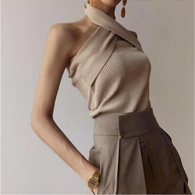 Women Tops Halter Neck Sweater Slim Solid Color Sexy Pullover Casual Sleeveless | eBay