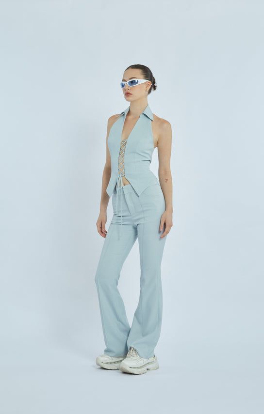 Leona Lace Up Sleeveless Suit - L / Blue Grey Checkered