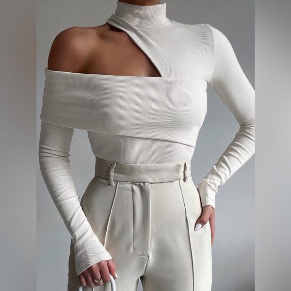 Commense Tops | Mock Neck Oblique Cutout Rib Long Sleeve Knit Top | Color: White | Size: S