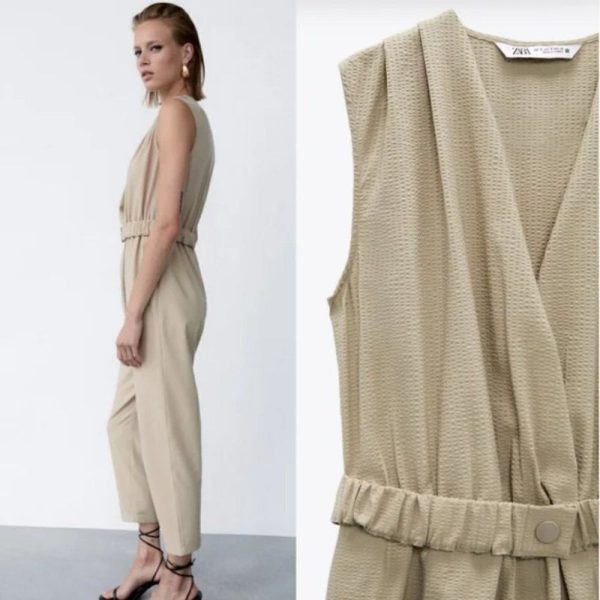 Zara Pants & Jumpsuits | New Zara Textured Linen Blend V-Neck Sleeveless Belted Tan Jumpsuit Nwt Small | Color: Tan | Size: S