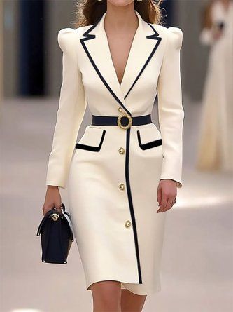 Off White Piping Blazer Lapel Collar Long Sleeve Sheath Midi Holiday Dress