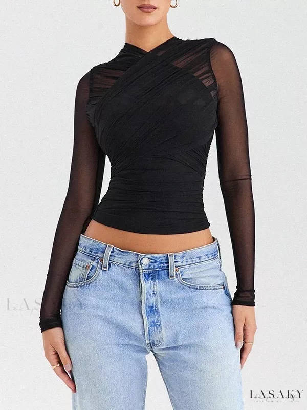 Lasaky - Sensual Sheer Mesh Zipper Long Sleeve Short Top