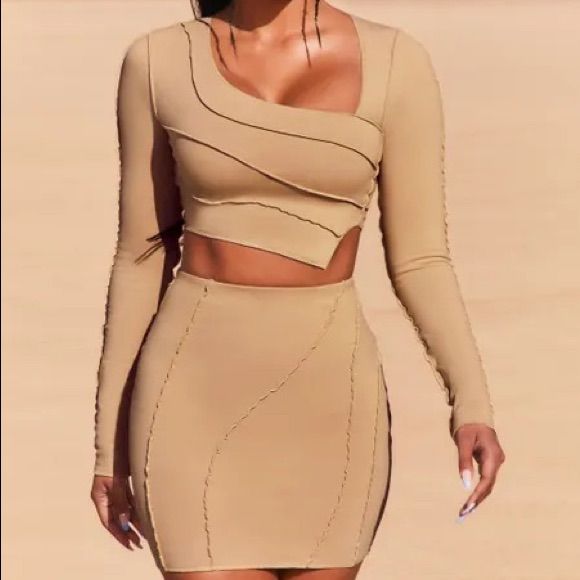 Oh Polly Skirts | Oh Polly New Angle Exposed Seam Asymmetric Crop Top & Simplified Mini Skirt Nwt | Color: Tan | Size: 2