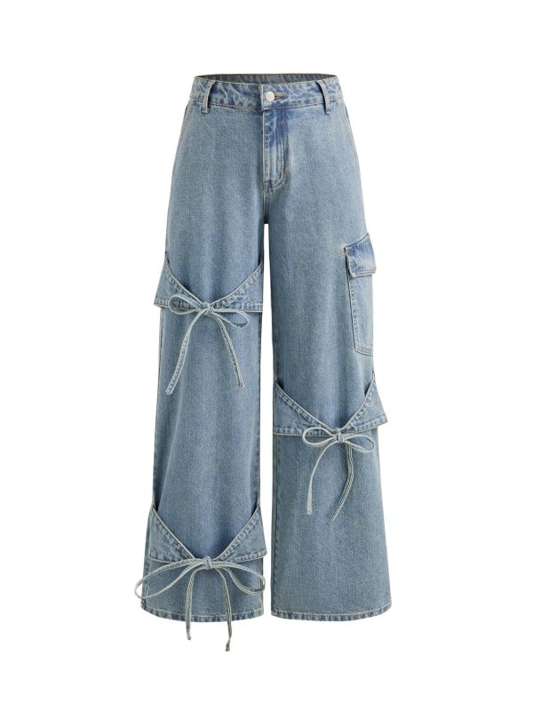 Baggy Jeans For Women High Waisted Wide Straight Leg Bow Jeans Denim Pants Blue