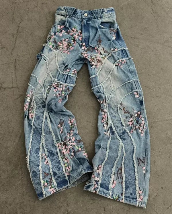 Gothic Harajuku Cherry Blossom Embroidery Holes Retro Blue Jeans Women's Y2K New Harajuku Hip-Hop