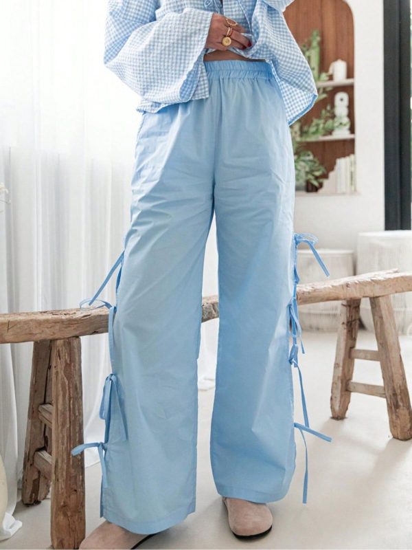 Y2K Gingham Pants For Women Bow Tie Side Slit Wide Leg Lounge Bottom Plaid Checkered Loose Fit Pants Cute Elastic Waist Straight Trousers Summer Going Out Pants
