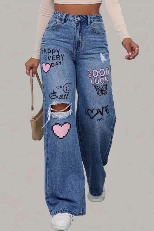 Heart Love Letter Graffiti Print Ripped Denim Pants, High Rise Washed Blue Wide Leg Jeans
