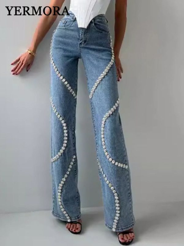 YERMORA Women High Waist Blue Rhinestone Pocket Casual Jeans Fashion Tide New Womon's Denim Trousers