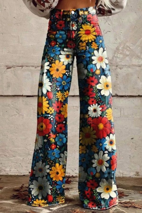 Women's Colorful Flower Print Casual Wide Leg Pants Jeans