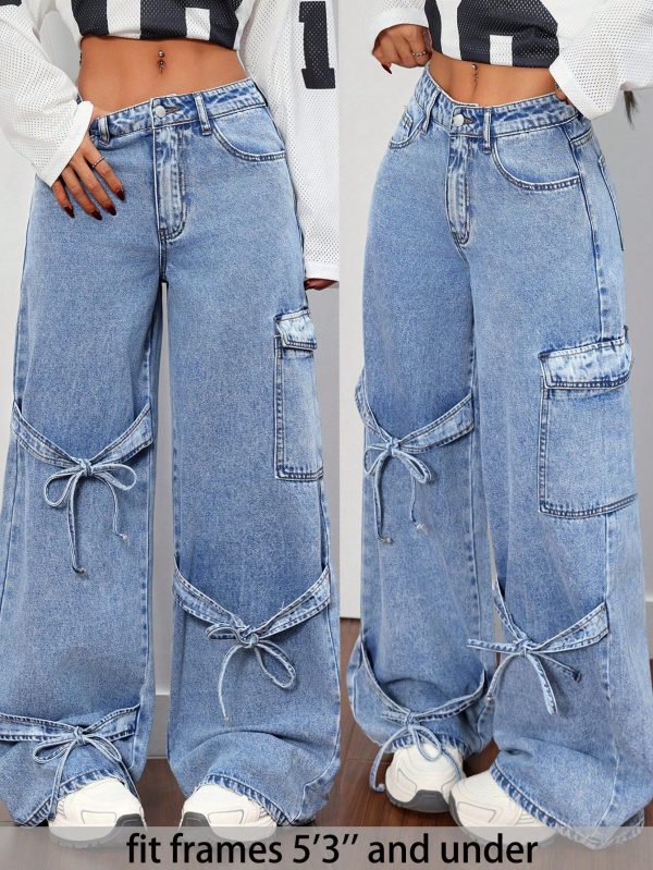 Women Casual Loose Tied Straight Leg Jeans, Bow Baggy Jeans,Cold Weather Clothes,Winter Women Pants,Christmas Pants,Women Jeans,Low Rise Baggy Jeans,Bow Denim Jeans,Cargo Women Jeans, Women Pants,Cargo Pants