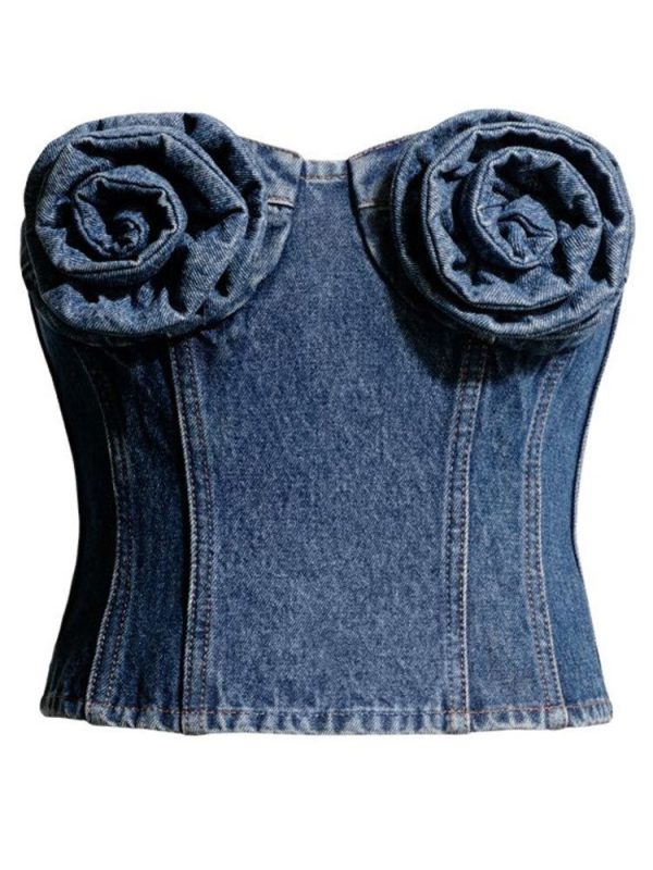 Designer Women's Denim Strapless Sleeveless Crop Top With Flower Decorate Trendy  Sexy Streetwear