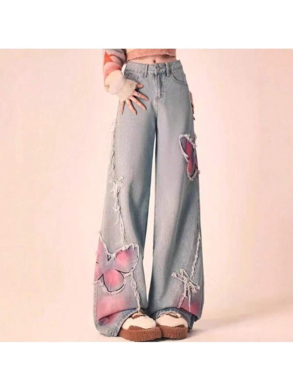 Y2K Cyber Femme Denim - Holographic Lepidoptera Embroidery & Tesla NanoWeave™ Contour Tech In Glitchcore Straight-Leg Silhouette For Neo-Tokyo Layering