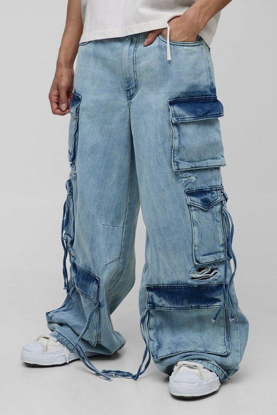 Super Baggy Rigid Ripped Multi Pocket Cargo Strap Denim Jeans | boohooMAN