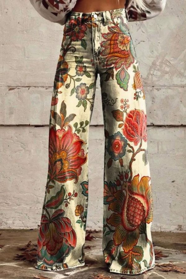 Women's Vintage Wild West Print Casual Wide Leg Pants Jeans
