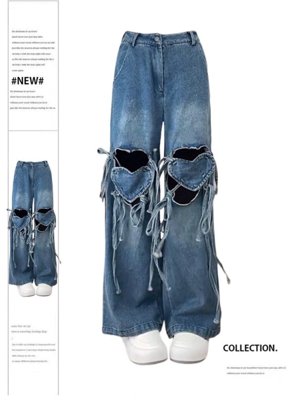 Women's Y2k Jeans Harajuku 90s Aesthetic Baggy Bandage Denim Trousers Korean Heart Hollow Out Jean