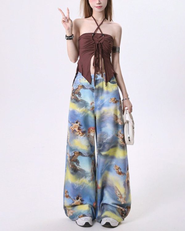Angel Cat Print Wide-Leg Pants - M / Blue