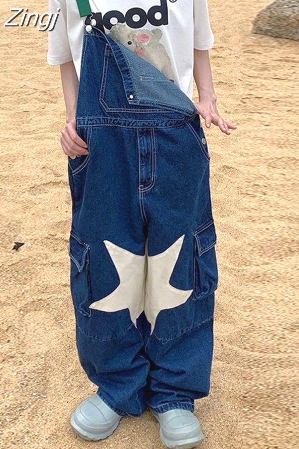 Zingj Denim Overalls Pants Vintage Blue Loose Women Y2k Full Length Jeans Wide Leg Pockets High Street Pantalones American Blue-S