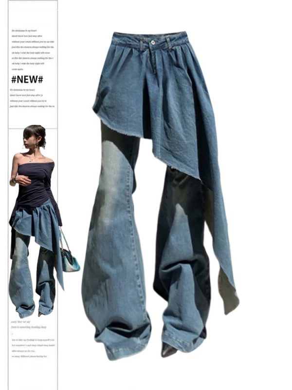 Women's Blue Y2k Skirt Jeans Harajuku Japanese 2000s Style Baggy Oversize Denim Trousers Vintage