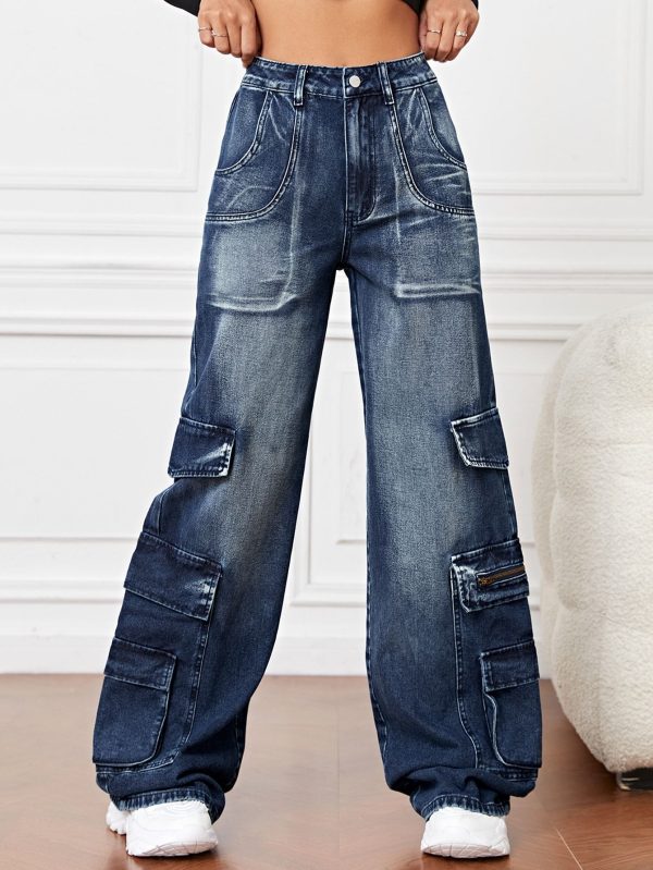 High Waist Flap Pocket Cargo Jeans