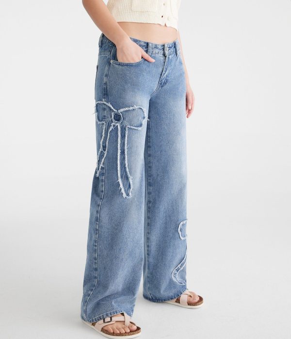 Aeropostale Womens' Low-Rise Baggy Wide Leg Frayed Bows Jean - Blue - Size L - Cotton