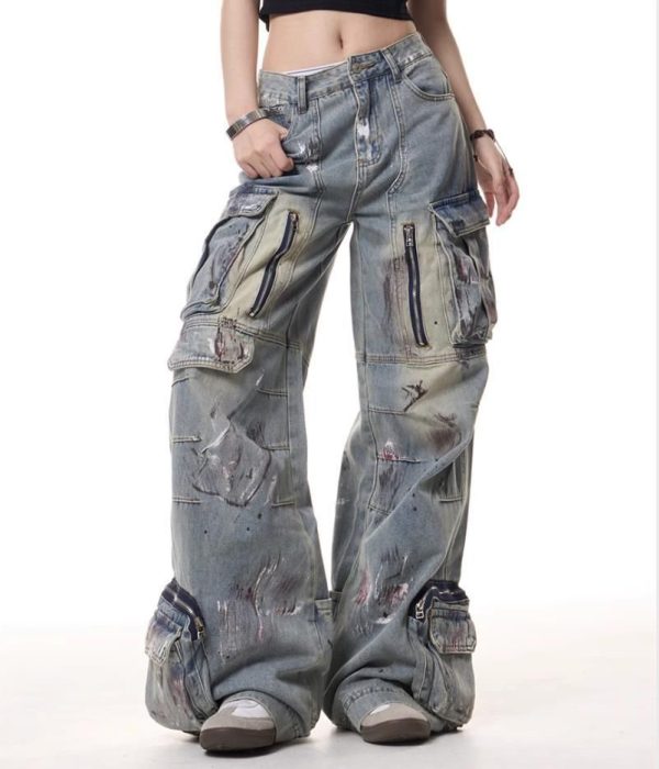 Women's Blue Denim Jeans Straight Leg Loose Fit Color Printed Pants Punk Hip Hop
