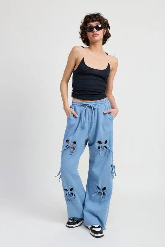 Emory Park Bow Cut Out Fleece Sweatpants - DUSTY BLUE / S