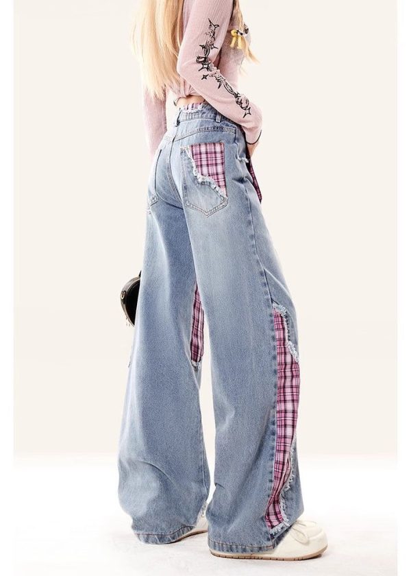Fine Rose Asymmetrical Patchwork Denim Straight Pants Spring - L(Fit for EU 42-44, US 10-12, UK/AU 14-16, IT 46-48 )