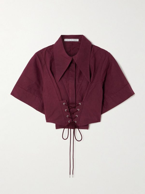 TOLU COKER - Cropped Lace-up Cotton-poplin Shirt - Burgundy - x small