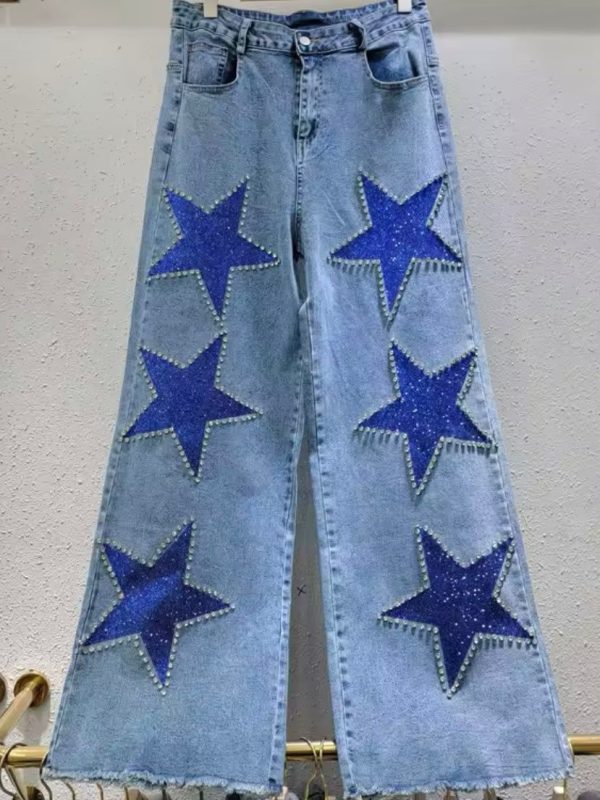 Mid blue stars loose fit jeans pants - 3XL