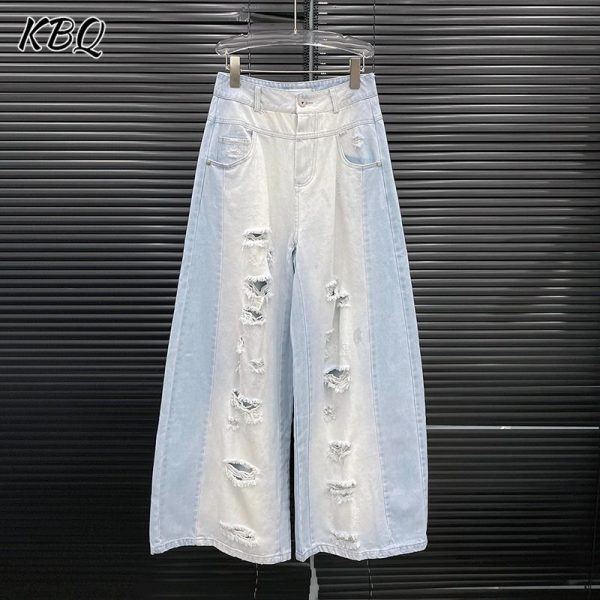 KBQ Elegant Straight Tie Dye Denim Long Pants For Women High Waist Spliced Pocket Wide Leg