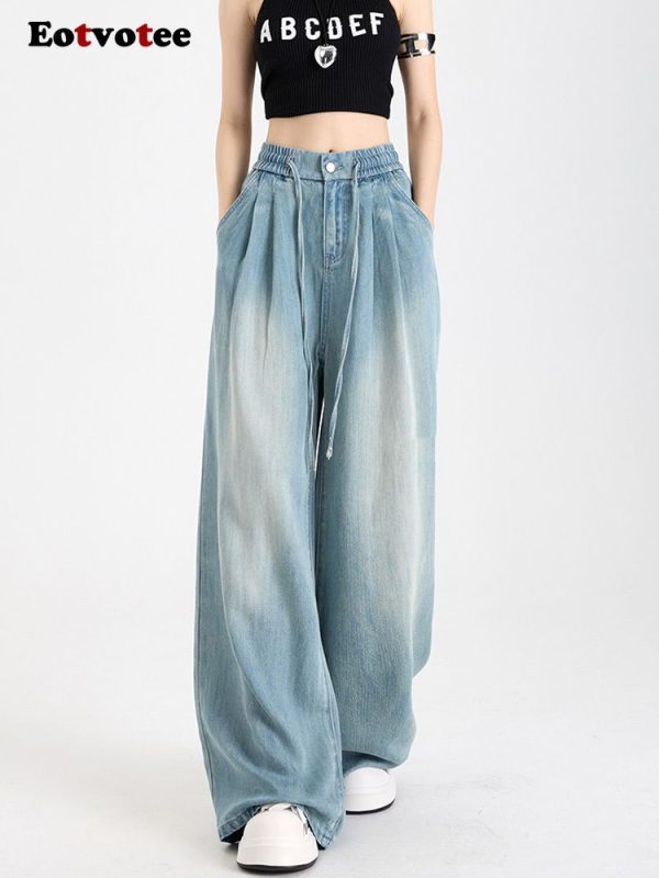 EOTVOTEE 2025 New Summer Luxury Soft Cozy Fabric Woman Jeans Loose Wide Leg Elastic Waist Pants