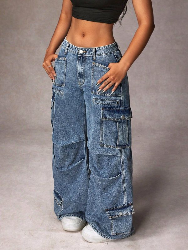 Women's Cargo Pocket Pleated Wide Leg Loose Casual Jeans