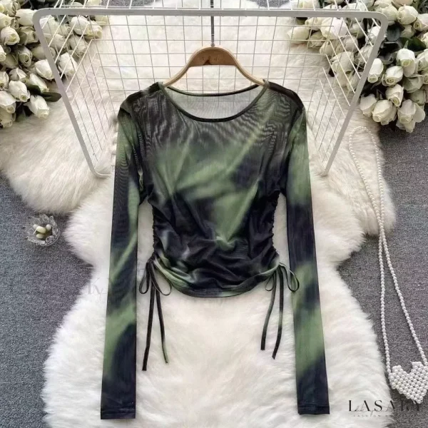Lasaky - Vintage Tie-Dye Mesh Drawstring Round Neck Shirt Slim Fit Long Sleeve Chiffon Blouse - Blackish Green, ONE-SIZE