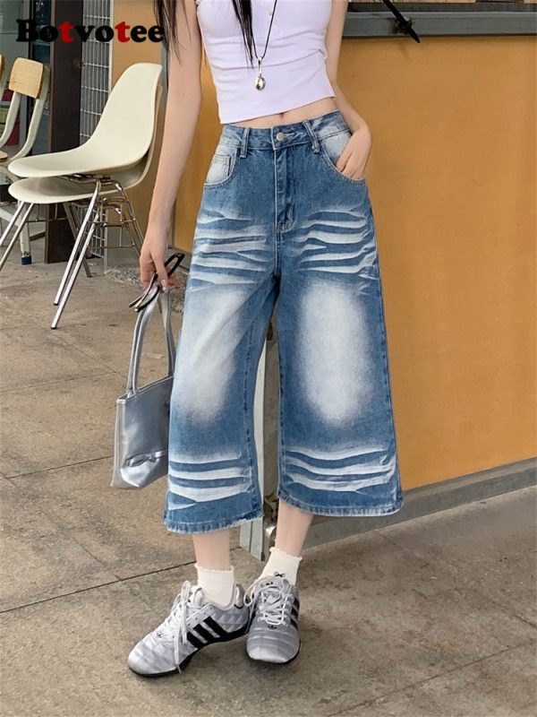 Botvotee Scratched Washed Calf Length Jeans Women High Waisted Baggy Denim Pants Summer Y2k Fashion