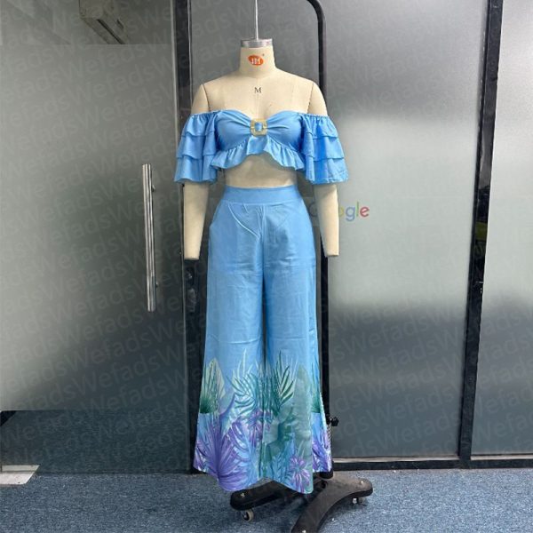 Zingj Zingj Casual Off-The-Shoulder Solid One-Line Shoulder Pleated Sleeves High-Waist Top Wide-Leg Print Pants Suit Street Wear-Outfit Ideas Blue-S