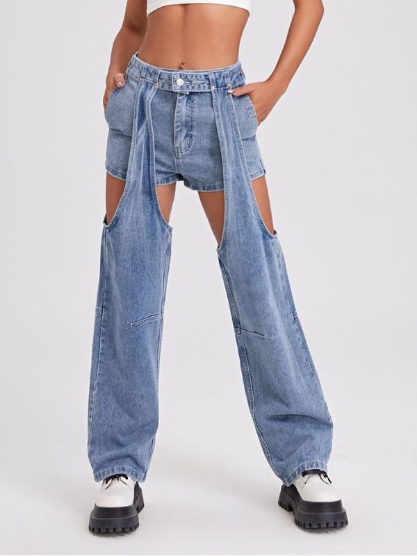 Zingj 2022 womens high waist y2k Women's Wide leg jeans baggy hollow out woman denim capris Pants jean mom jeans trousers blue-S