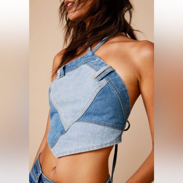 Nasty Gal Tops | Nwt Nasty Gal Patchwork Hanky Hem Denim Halter Top 6 | Color: Blue | Size: 6