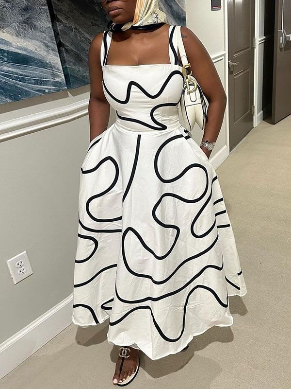 Pockets Printed Split-Joint A-Line High Waisted Spaghetti-Neck Maxi Dresses WHITE-2XL