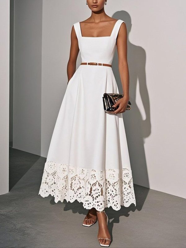 White Lace Classic Square Neck Sleeveless A-Line Maxi Cocktail Dress