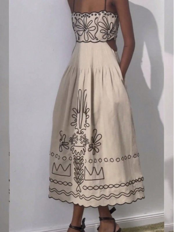 Spaghetti Strap Embroidered Midi Dress – Boho Garden-Inspired Elegance