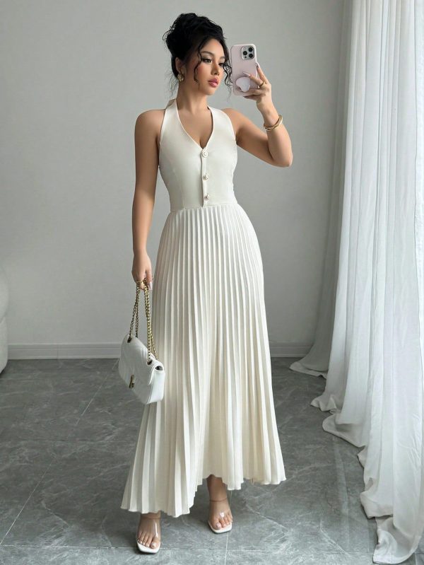 Women's Elegant Apricot Sleeveless Lapel Single-Breasted Pleated Dress, Spring/Summer