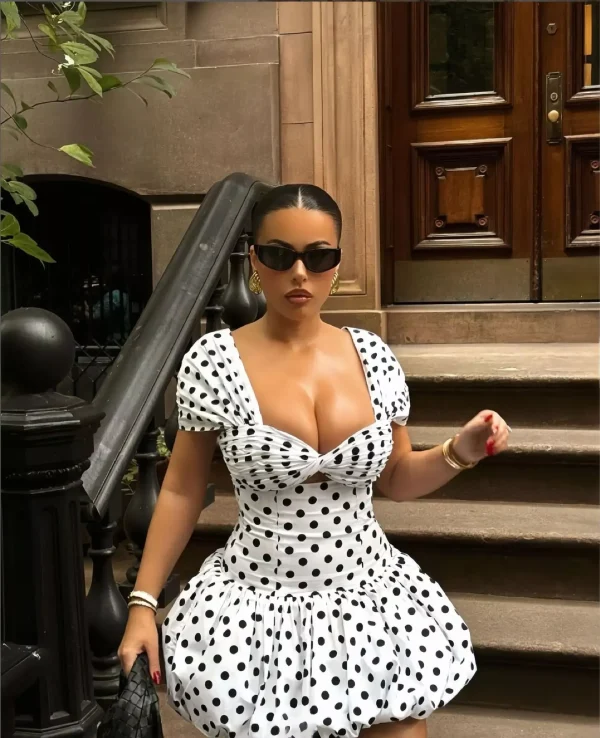 Women Dot Printed Draped Big Swing Waist Dress 2025 Short Sleeve Evening Sexy Club Party Evening