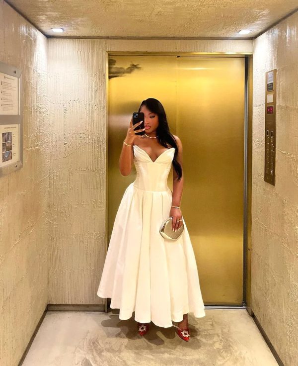 Strapless Bustier A Line Midi Dress White