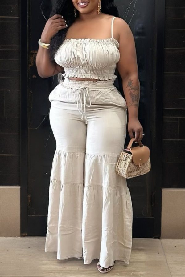Plus Size Vacation Orange Casual Smocking Two Piece Pant Sets [Pre-Order] White-XL/14-16