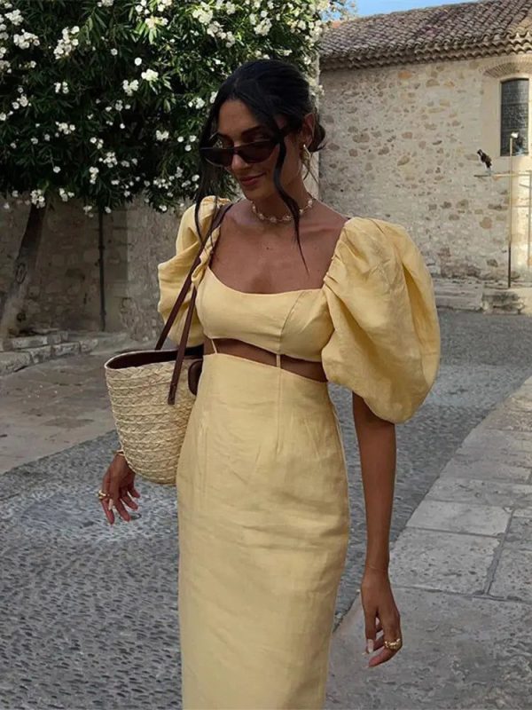 Hollow Square Neck Puff Sleeve Long Dresses Fashion Slim Fit Solid Color Women's Dress Lady Summer Casual Street Vestidos - Yellow / L
